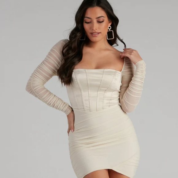 Windsor bodycon dress with mesh sleeves. satin corset bodice. - Picture 6 of 6